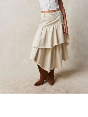 We The Free Cream Tiered Denim Ruffle Skirt